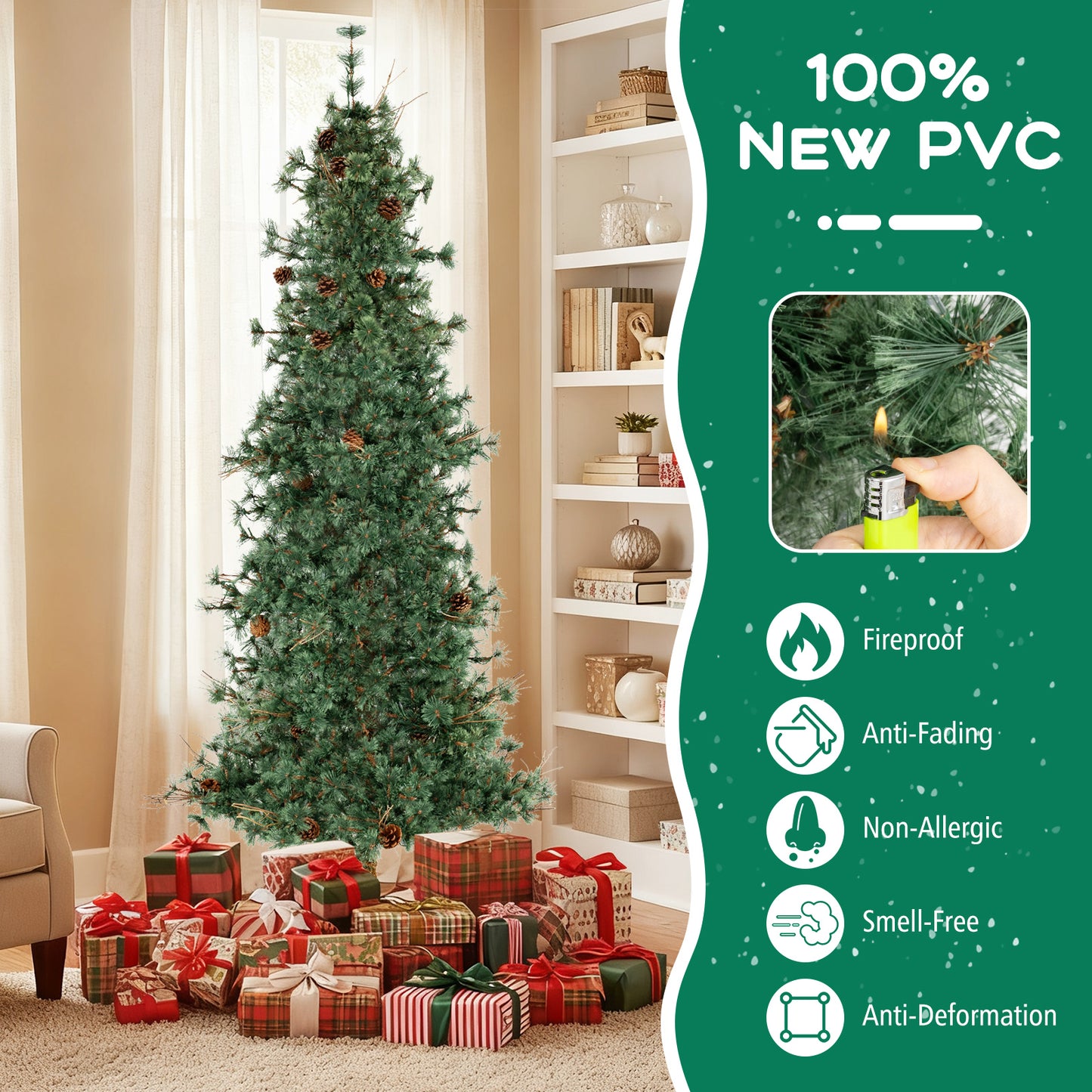 6/7/8 Feet Artificial Christmas Tree Pre-lit Hinged Xmas Tree with Warm White LED Lights and Pine Cones-8ft