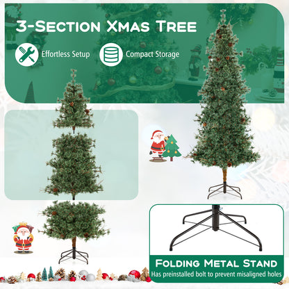 6/7/8 Feet Artificial Christmas Tree Pre-lit Hinged Xmas Tree with Warm White LED Lights and Pine Cones-8ft
