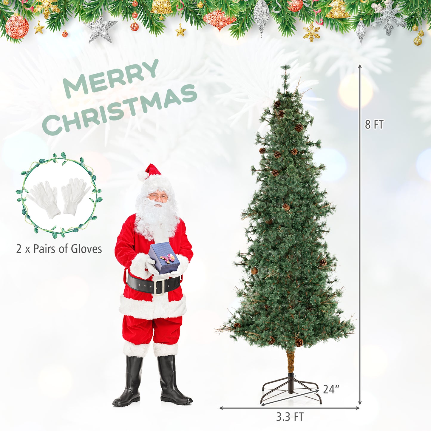 6/7/8 Feet Artificial Christmas Tree Pre-lit Hinged Xmas Tree with Warm White LED Lights and Pine Cones-8ft