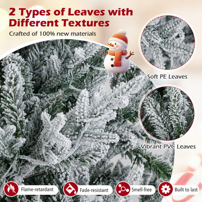 6/7/8 Feet Pre-Lit Artificial Christmas Tree Hinged Snow Flocked Xmas Tree-8 Feet