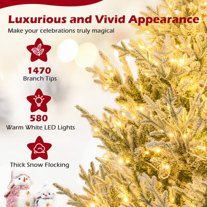 6/7/8 Feet Pre-Lit Artificial Christmas Tree Hinged Snow Flocked Xmas Tree-8 Feet