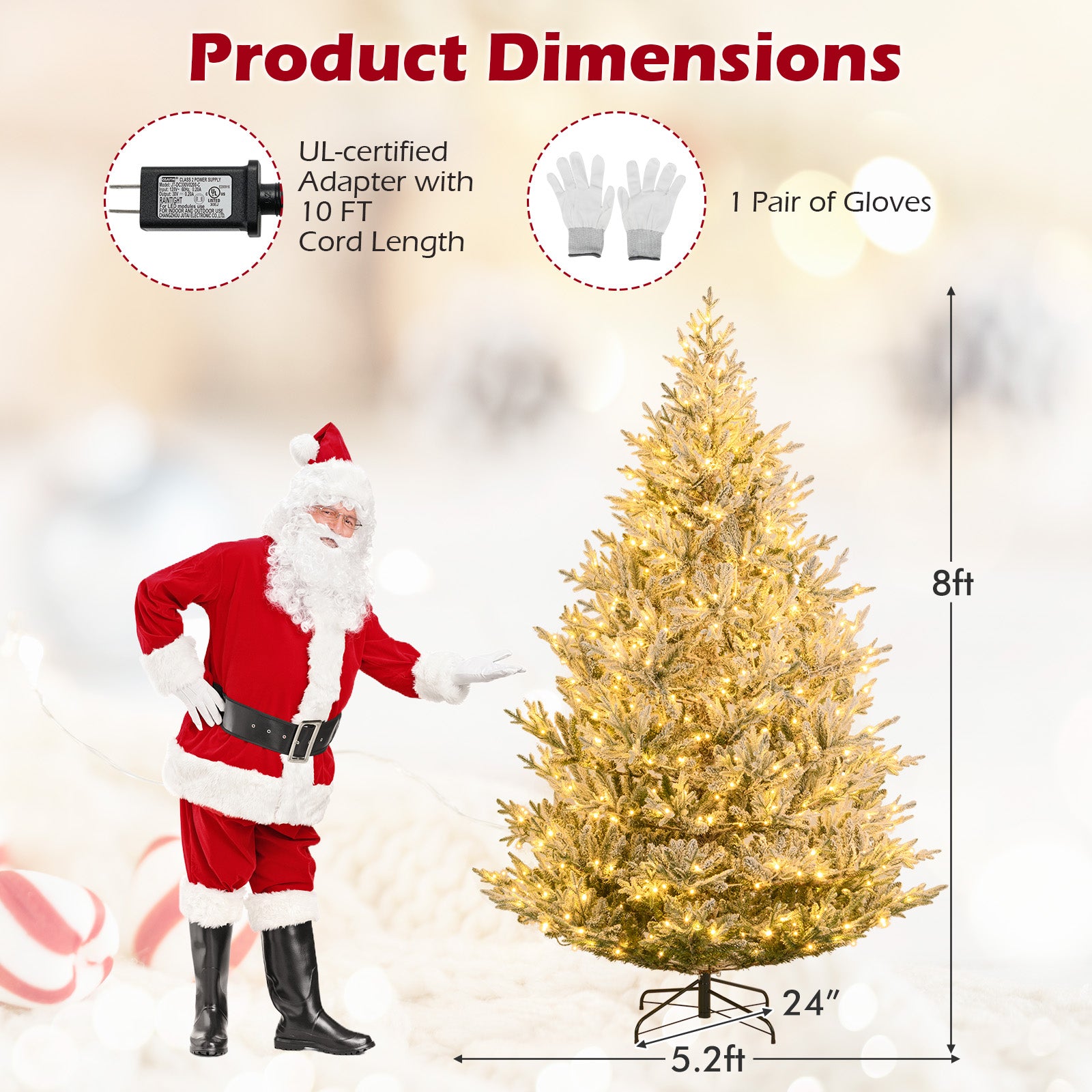 6/7/8 Feet Pre-Lit Artificial Christmas Tree Hinged Snow Flocked Xmas Tree-8 Feet
