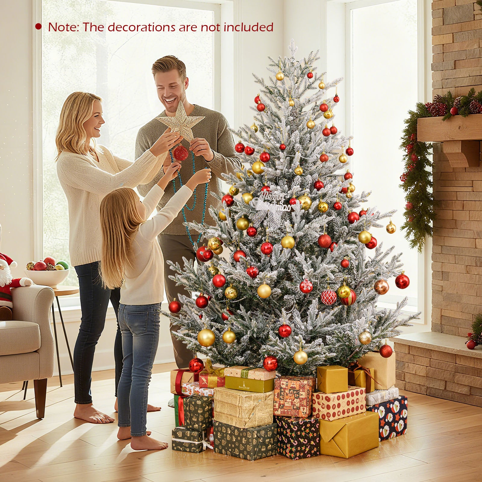 6/7/8 Feet Pre-Lit Artificial Christmas Tree Hinged Snow Flocked Xmas Tree-6 ft