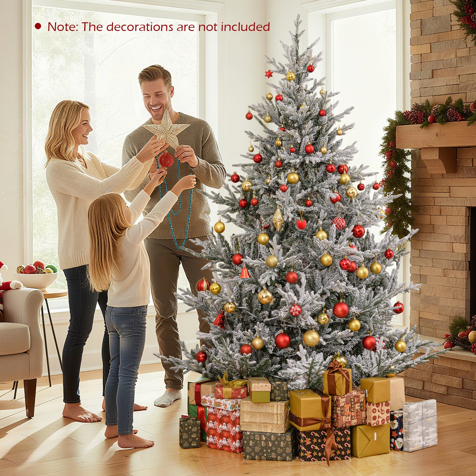6/7/8 Feet Pre-Lit Artificial Christmas Tree Hinged Snow Flocked Xmas Tree-7 ft