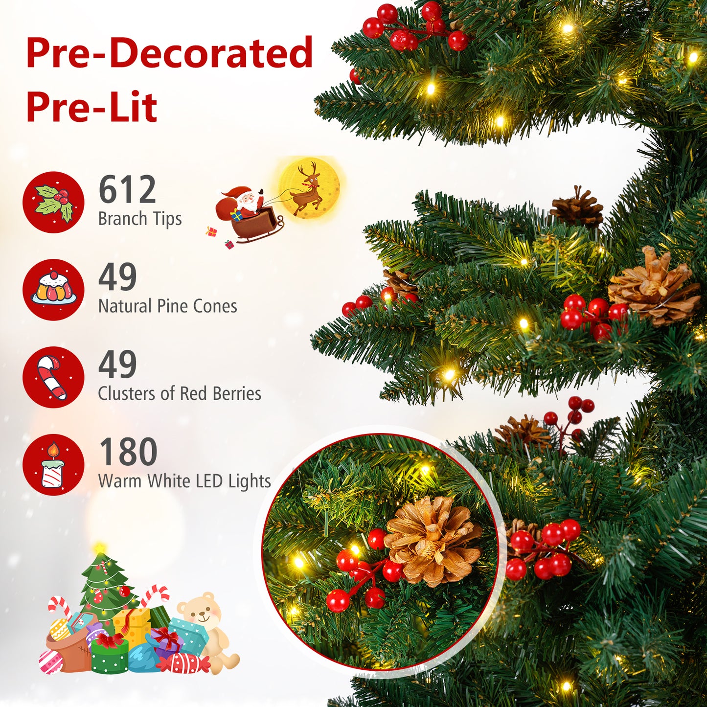 6/7 FT Pre-Lit Artificial Christmas Tree Spiral Holiday Tree with 612/791 Branch Tips and 8 Modes-6 ft