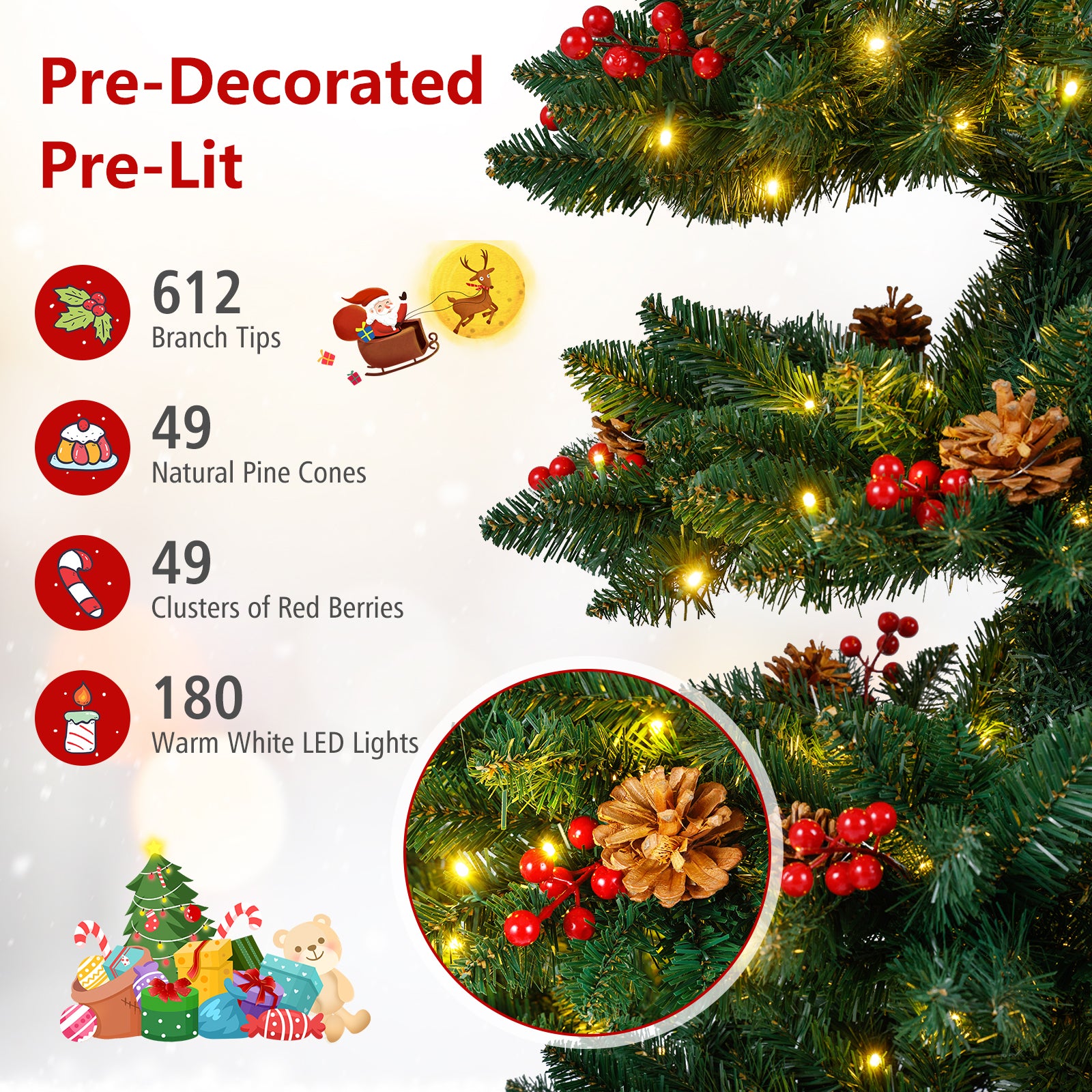 6/7 FT Pre-Lit Artificial Christmas Tree Spiral Holiday Tree with 612/791 Branch Tips and 8 Modes-6 ft