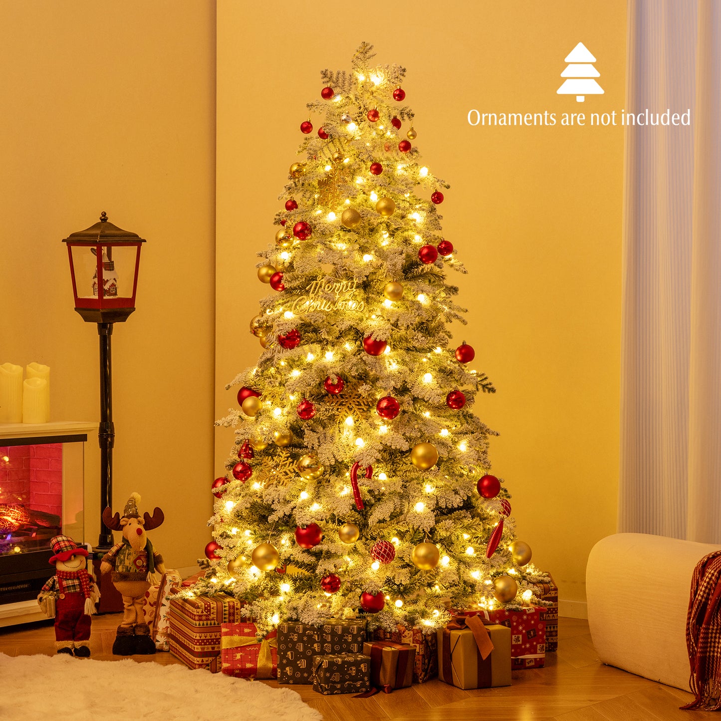 6/7 Feet Artificial Snow-flocked Christmas Tree Pre-lit Hinged Xmas Tree with 130 Twinkle Balls-6 Feet