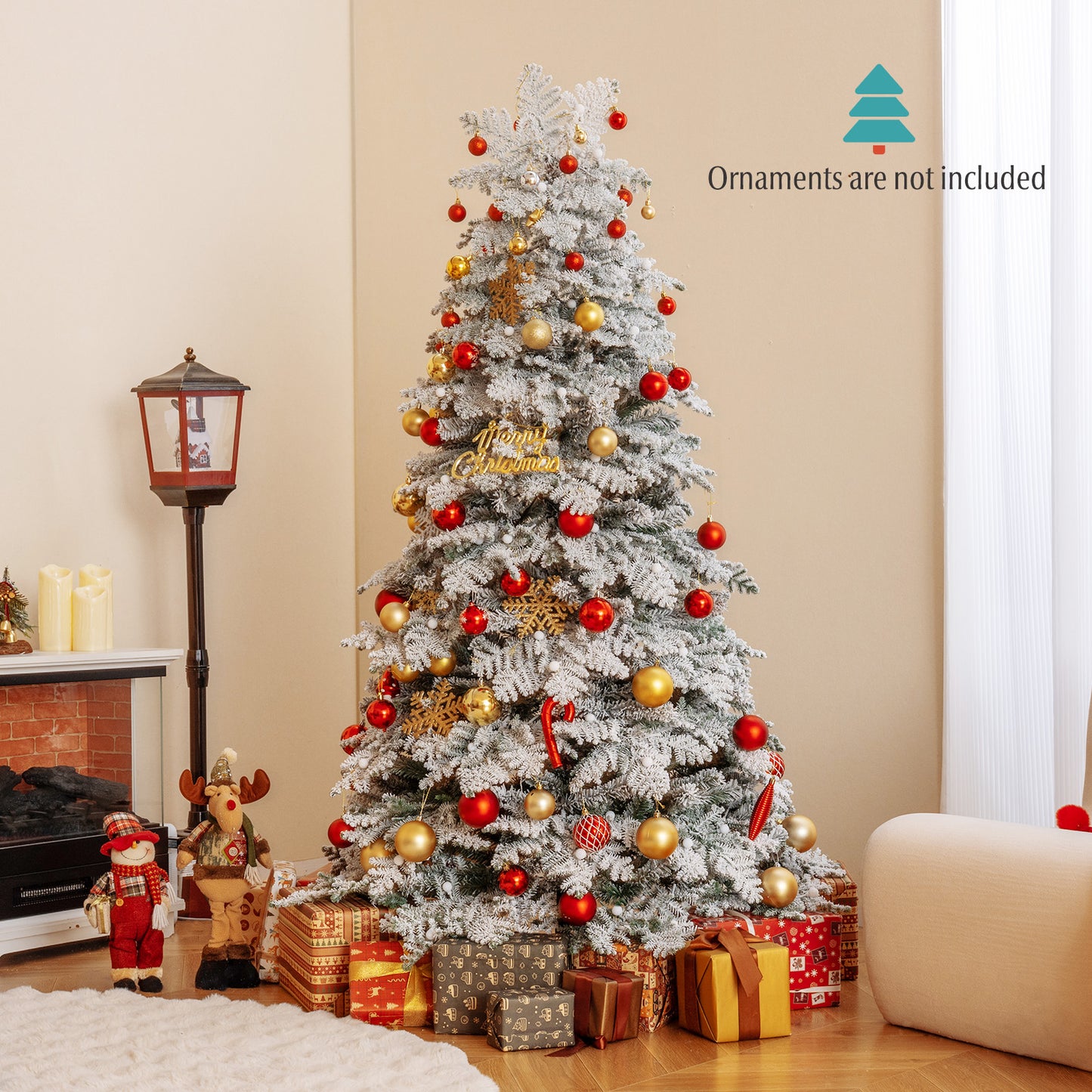 6/7 Feet Artificial Snow-flocked Christmas Tree Pre-lit Hinged Xmas Tree with 130 Twinkle Balls-6 Feet