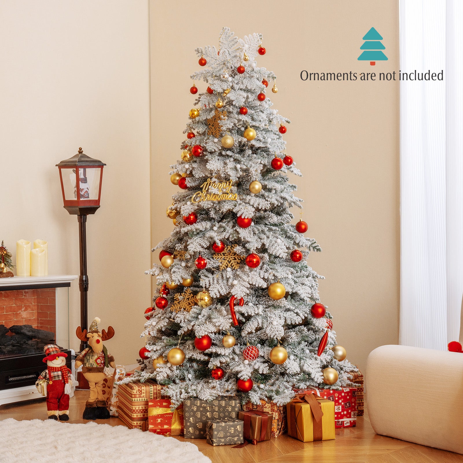 6/7 Feet Artificial Snow-flocked Christmas Tree Pre-lit Hinged Xmas Tree with 130 Twinkle Balls-6 Feet