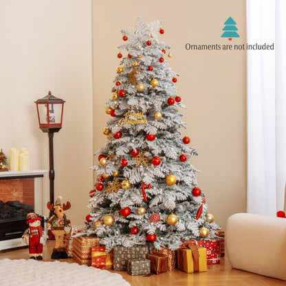 6/7 Feet Artificial Snow-flocked Christmas Tree Pre-lit Hinged Xmas Tree with 130 Twinkle Balls-6 Feet