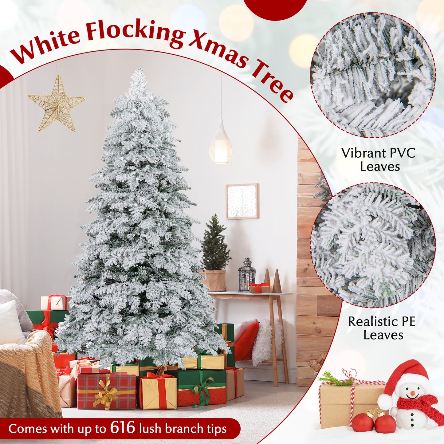 6/7 Feet Artificial Snow-flocked Christmas Tree Pre-lit Hinged Xmas Tree with 130 Twinkle Balls-6 Feet