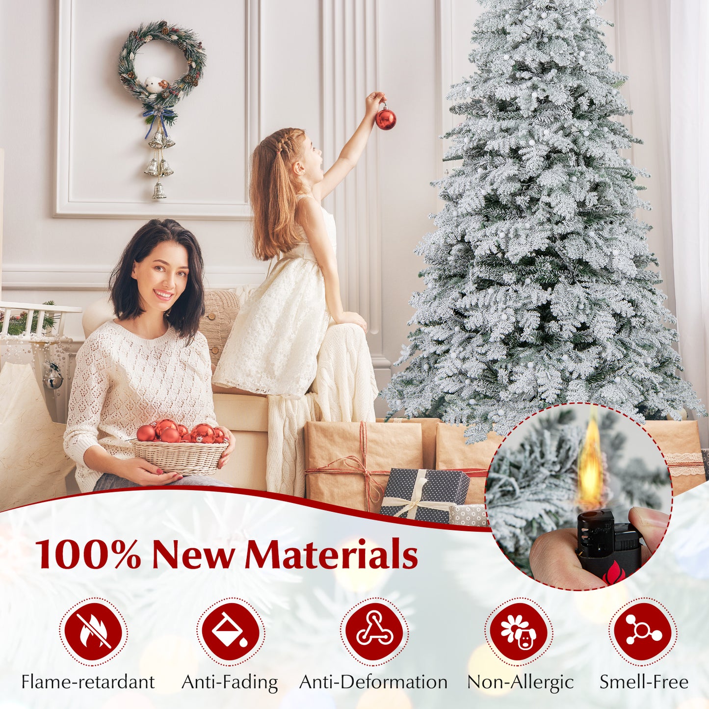 6/7 Feet Artificial Snow-flocked Christmas Tree Pre-lit Hinged Xmas Tree with 130 Twinkle Balls-6 Feet