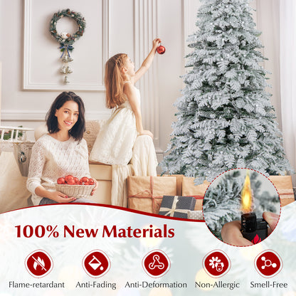 6/7 Feet Artificial Snow-flocked Christmas Tree Pre-lit Hinged Xmas Tree with 130 Twinkle Balls-6 Feet