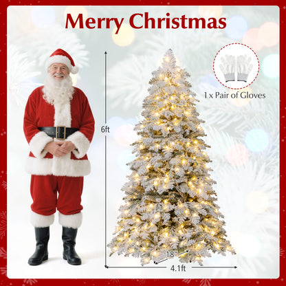 6/7 Feet Artificial Snow-flocked Christmas Tree Pre-lit Hinged Xmas Tree with 130 Twinkle Balls-6 Feet