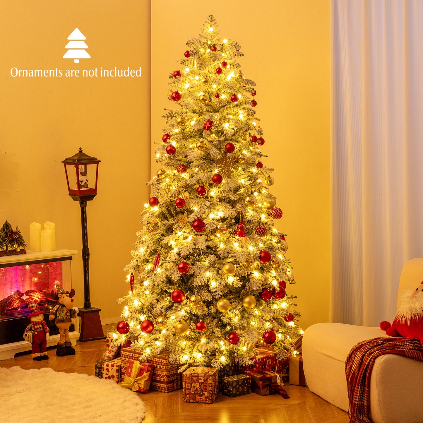6/7 Feet Artificial Snow-flocked Christmas Tree Pre-lit Hinged Xmas Tree with 130 Twinkle Balls-7 Feet