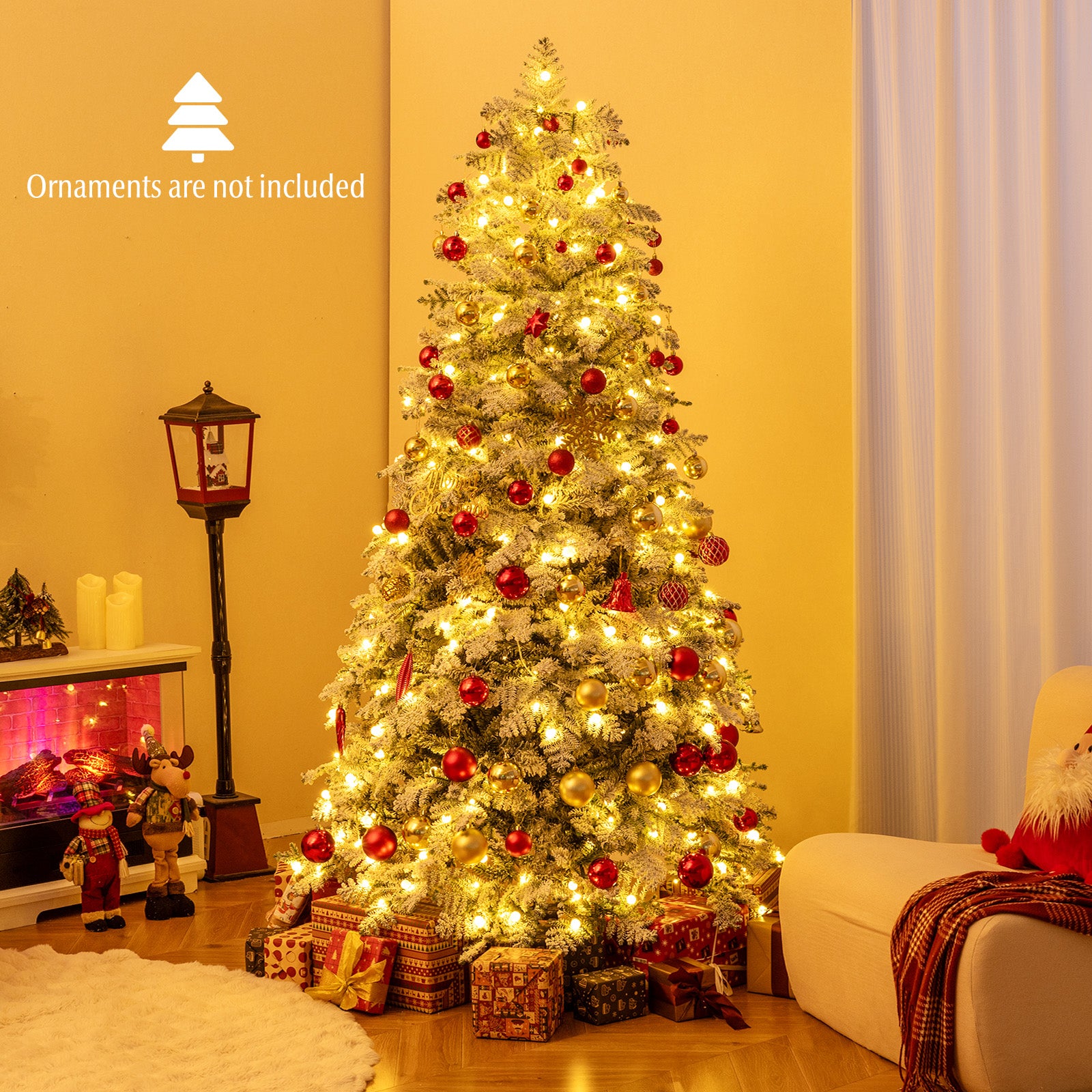 6/7 Feet Artificial Snow-flocked Christmas Tree Pre-lit Hinged Xmas Tree with 130 Twinkle Balls-7 Feet