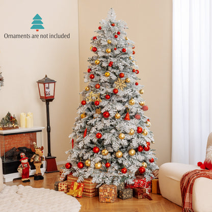 6/7 Feet Artificial Snow-flocked Christmas Tree Pre-lit Hinged Xmas Tree with 130 Twinkle Balls-7 Feet