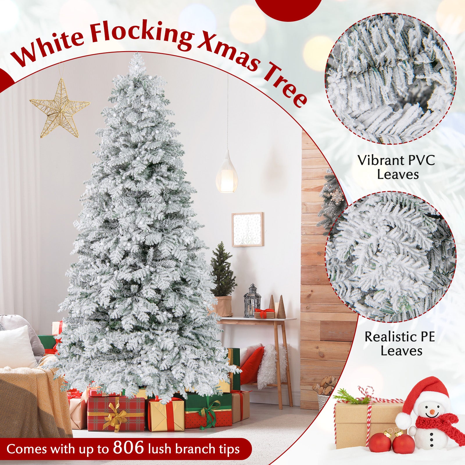 6/7 Feet Artificial Snow-flocked Christmas Tree Pre-lit Hinged Xmas Tree with 130 Twinkle Balls-7 Feet