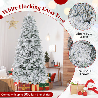 6/7 Feet Artificial Snow-flocked Christmas Tree Pre-lit Hinged Xmas Tree with 130 Twinkle Balls-7 Feet