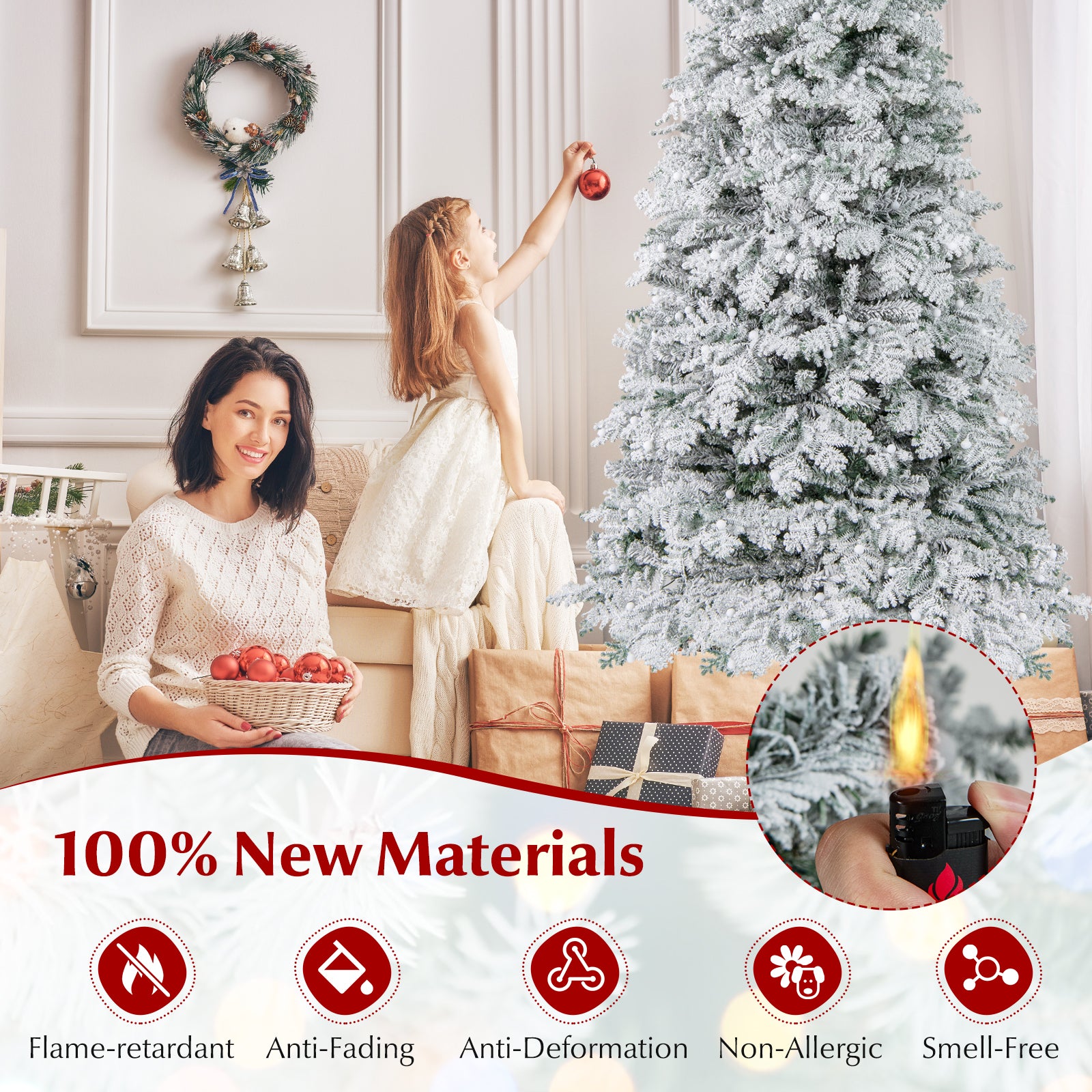 6/7 Feet Artificial Snow-flocked Christmas Tree Pre-lit Hinged Xmas Tree with 130 Twinkle Balls-7 Feet
