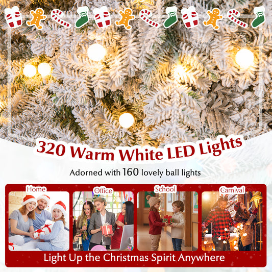 6/7 Feet Artificial Snow-flocked Christmas Tree Pre-lit Hinged Xmas Tree with 130 Twinkle Balls-7 Feet