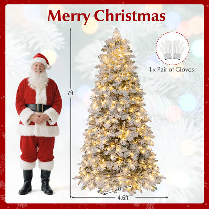6/7 Feet Artificial Snow-flocked Christmas Tree Pre-lit Hinged Xmas Tree with 130 Twinkle Balls-7 Feet