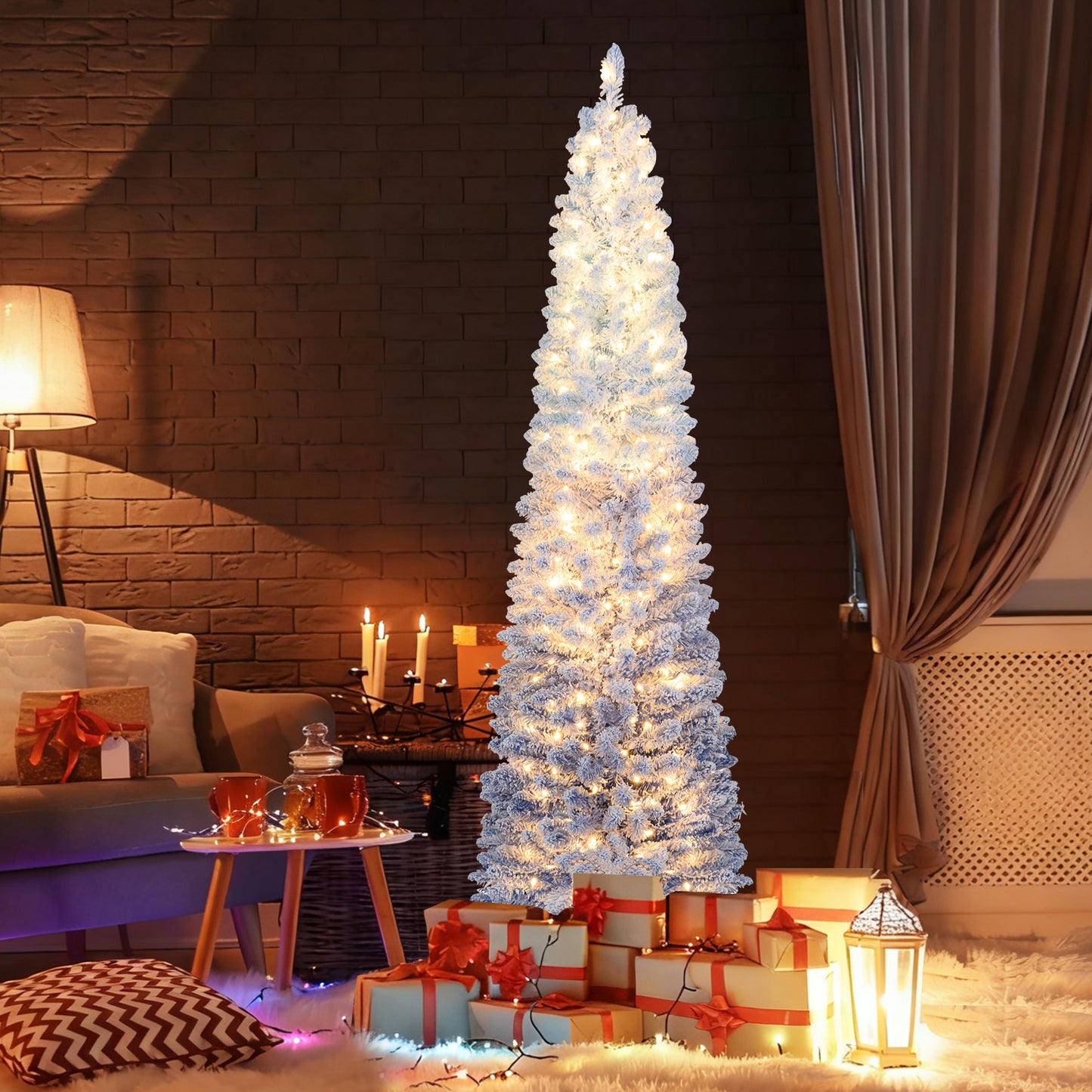 6/7 Feet Snow-flocked Artificial Christmas Tree with 220/290 Warm White LED Lights-6 Feet