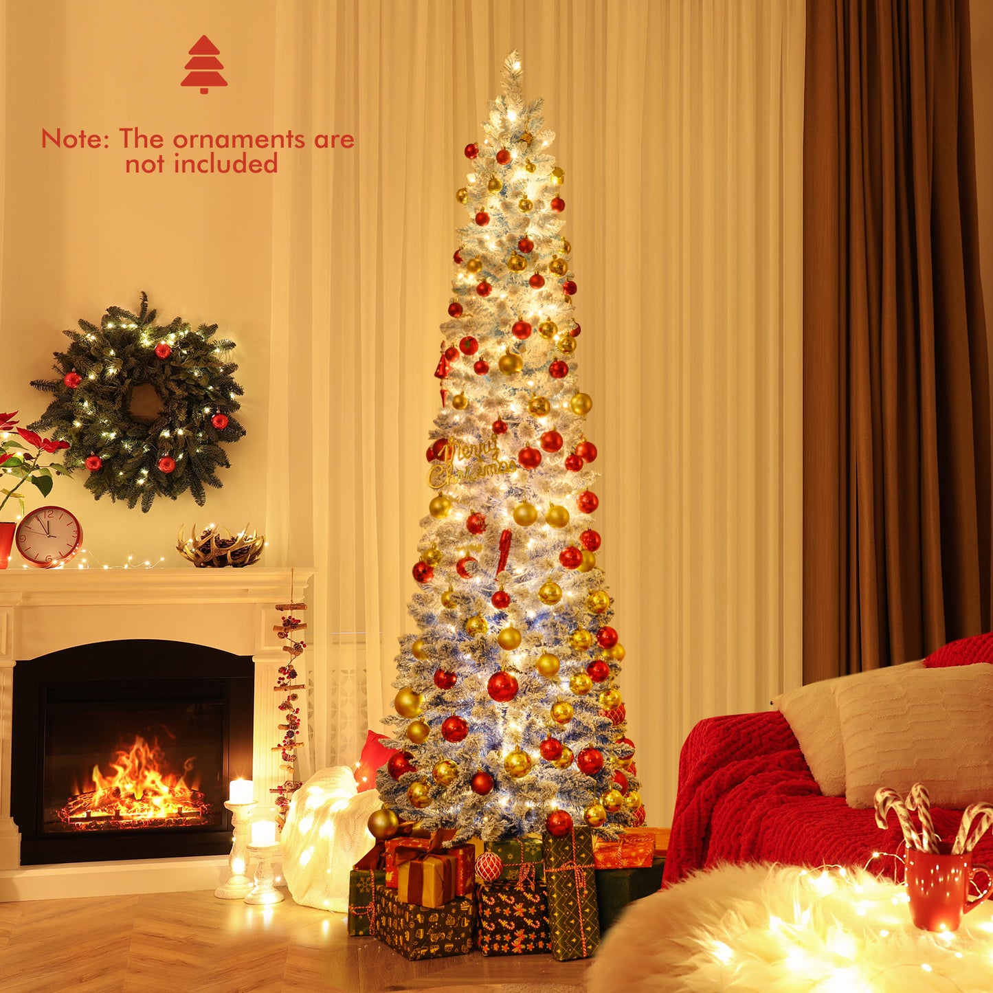 6/7 Feet Snow-flocked Artificial Christmas Tree Pre-lit Xmas Tree with 220/290 Warm White LED Lights-7 Feet