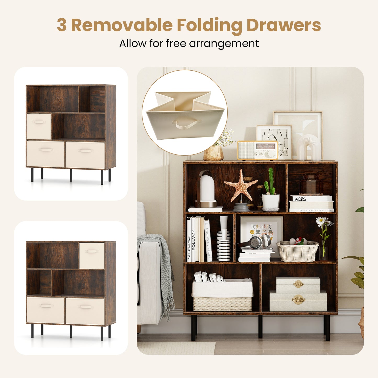 6-Cube Bookshelf with 3 Removable Folding Fabric Drawers for Living Room-Rustic Brown