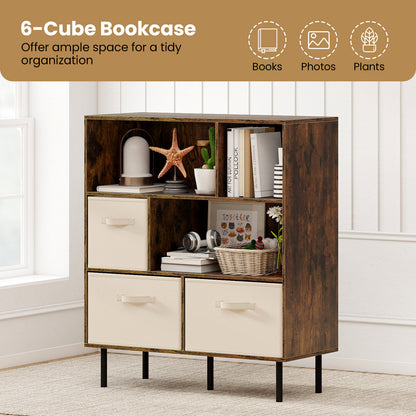 6-Cube Bookshelf with 3 Removable Folding Fabric Drawers for Living Room-Rustic Brown