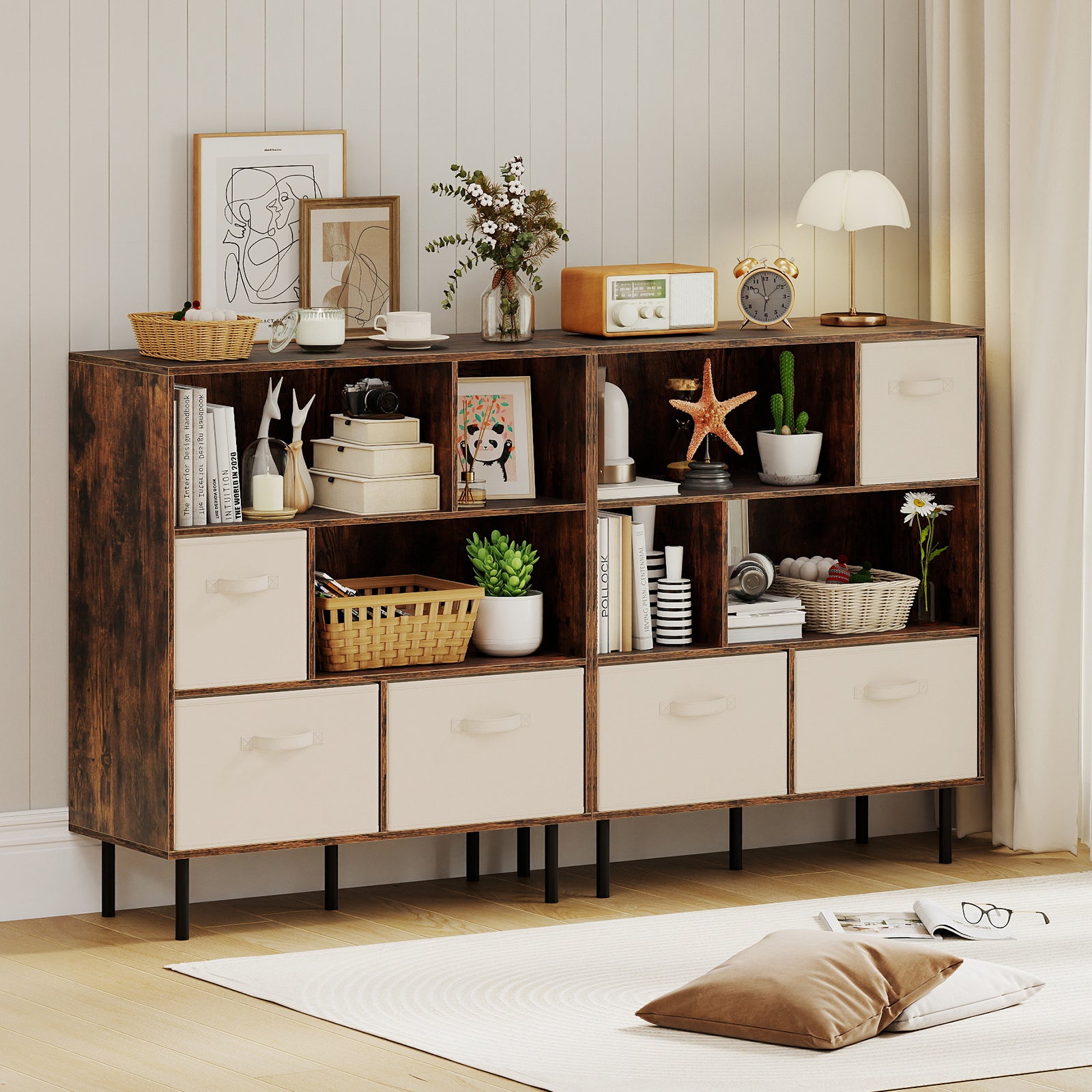 6-Cube Bookshelf with 3 Removable Folding Fabric Drawers for Living Room-Rustic Brown