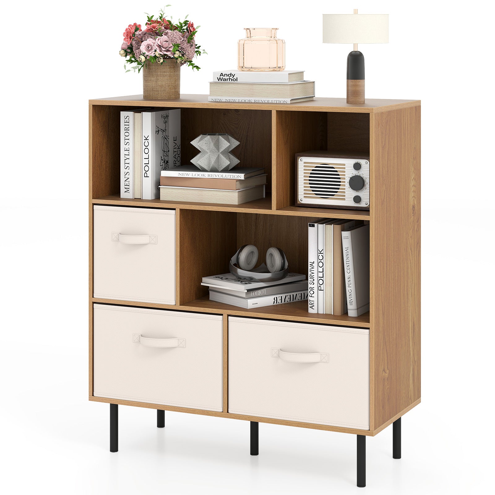 6-Cube Bookshelf with 3 Removable Folding Fabric Drawers for Living Room-Natural