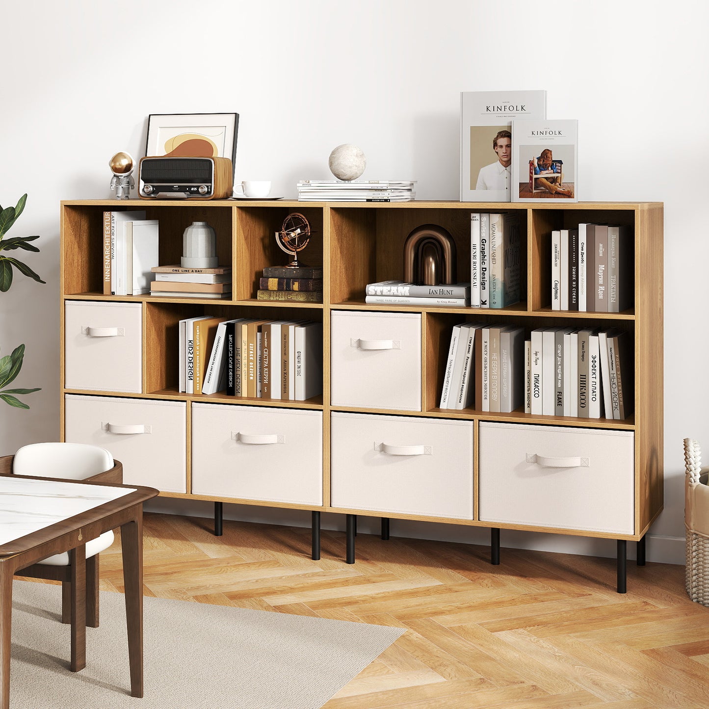 6-Cube Bookshelf with 3 Removable Folding Fabric Drawers for Living Room-Natural