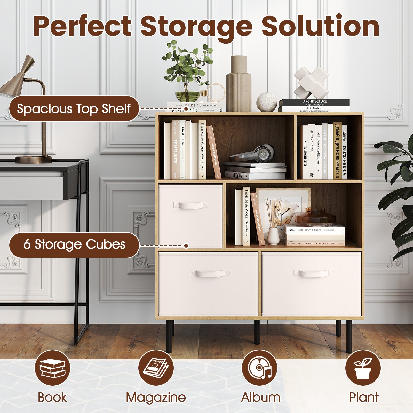 6-Cube Bookshelf with 3 Removable Folding Fabric Drawers for Living Room-Natural