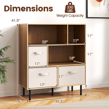 6-Cube Bookshelf with 3 Removable Folding Fabric Drawers for Living Room-Natural