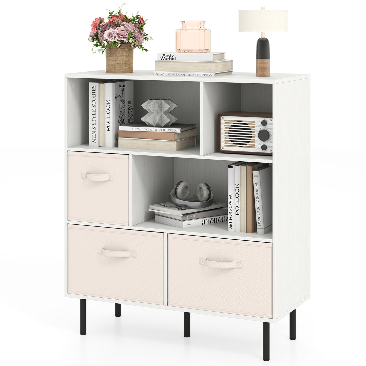 6-Cube Bookshelf with 3 Removable Folding Fabric Drawers for Living Room-White