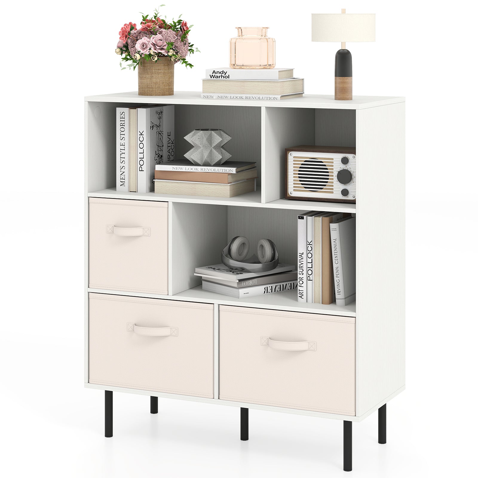6-Cube Bookshelf with 3 Removable Folding Fabric Drawers for Living Room-White
