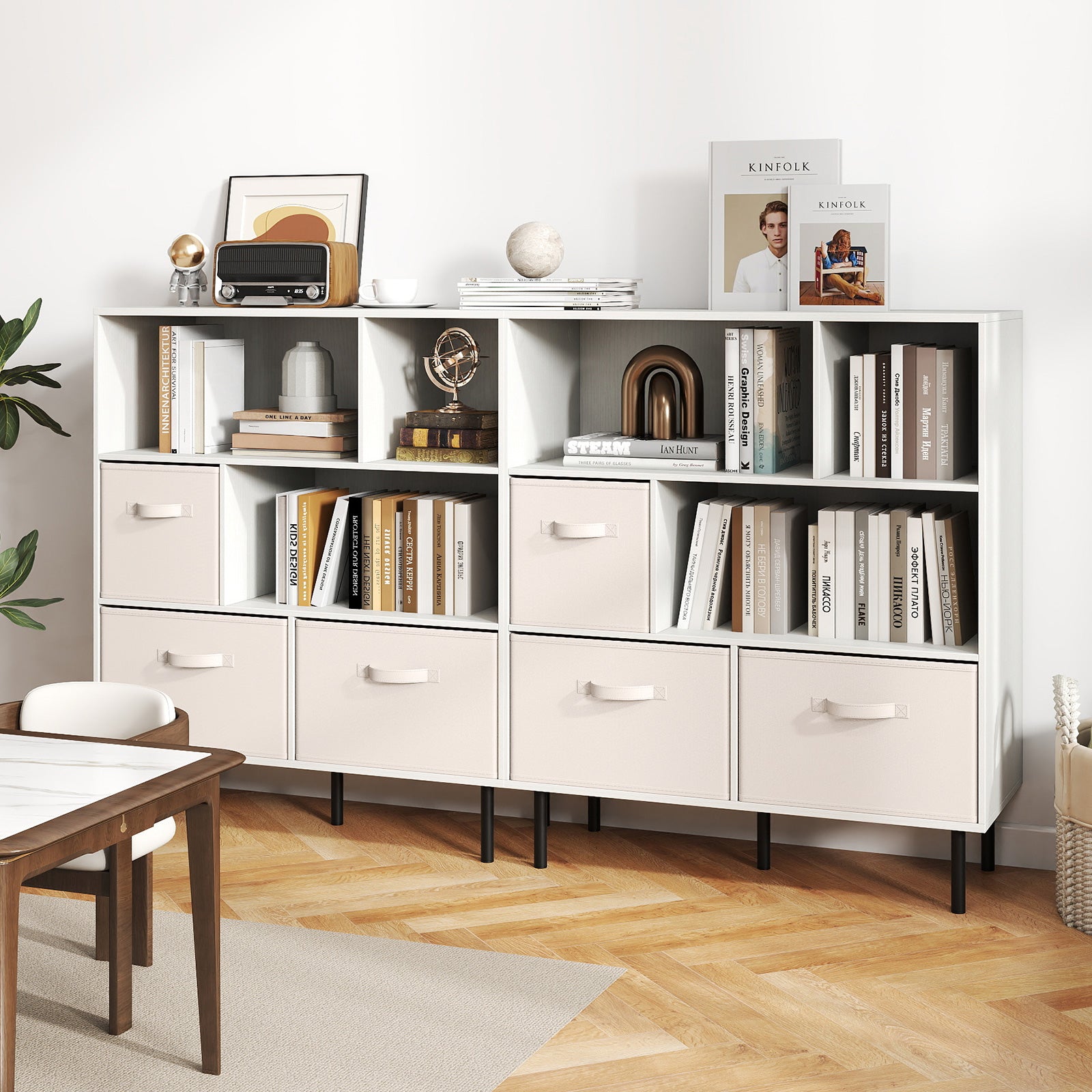 6-Cube Bookshelf with 3 Removable Folding Fabric Drawers for Living Room-White