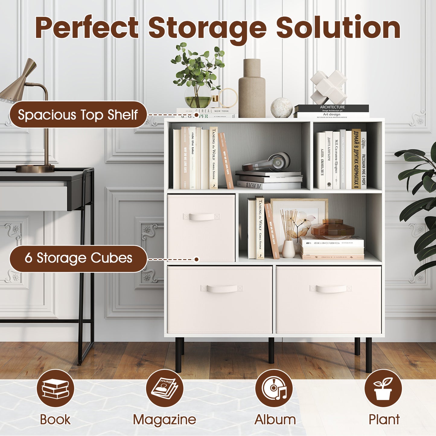 6-Cube Bookshelf with 3 Removable Folding Fabric Drawers for Living Room-White