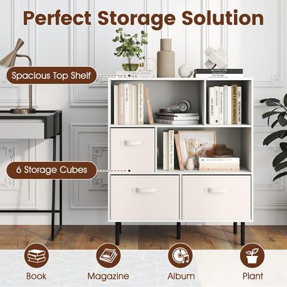 6-Cube Bookshelf with 3 Removable Folding Fabric Drawers for Living Room-White