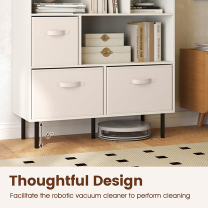 6-Cube Bookshelf with 3 Removable Folding Fabric Drawers for Living Room-White