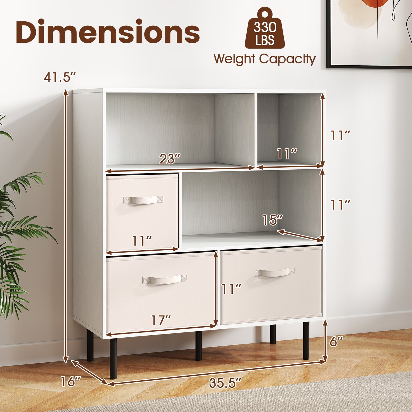6-Cube Bookshelf with 3 Removable Folding Fabric Drawers for Living Room-White