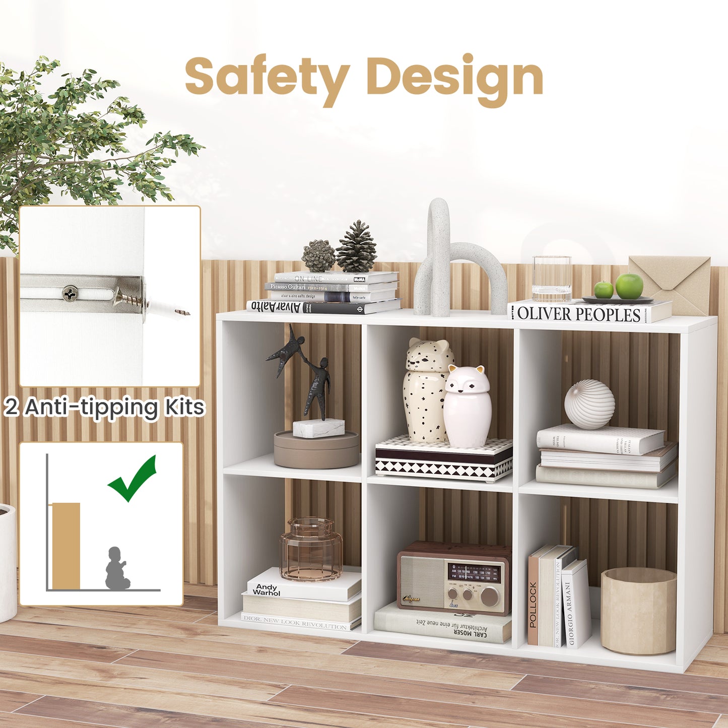 6 Cube Bookshelf with Back Guardrail for Living Room Bedroom