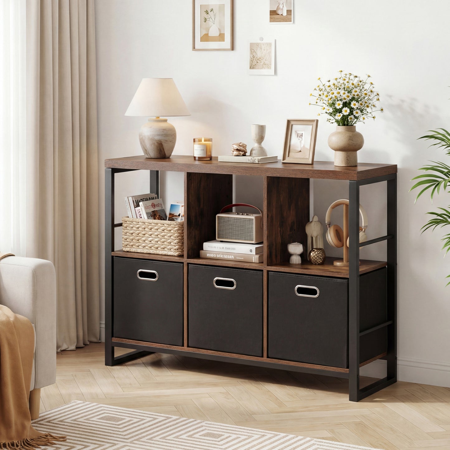 6-Cube Industrial Bookshelf with Storage Bins & Metal Frame