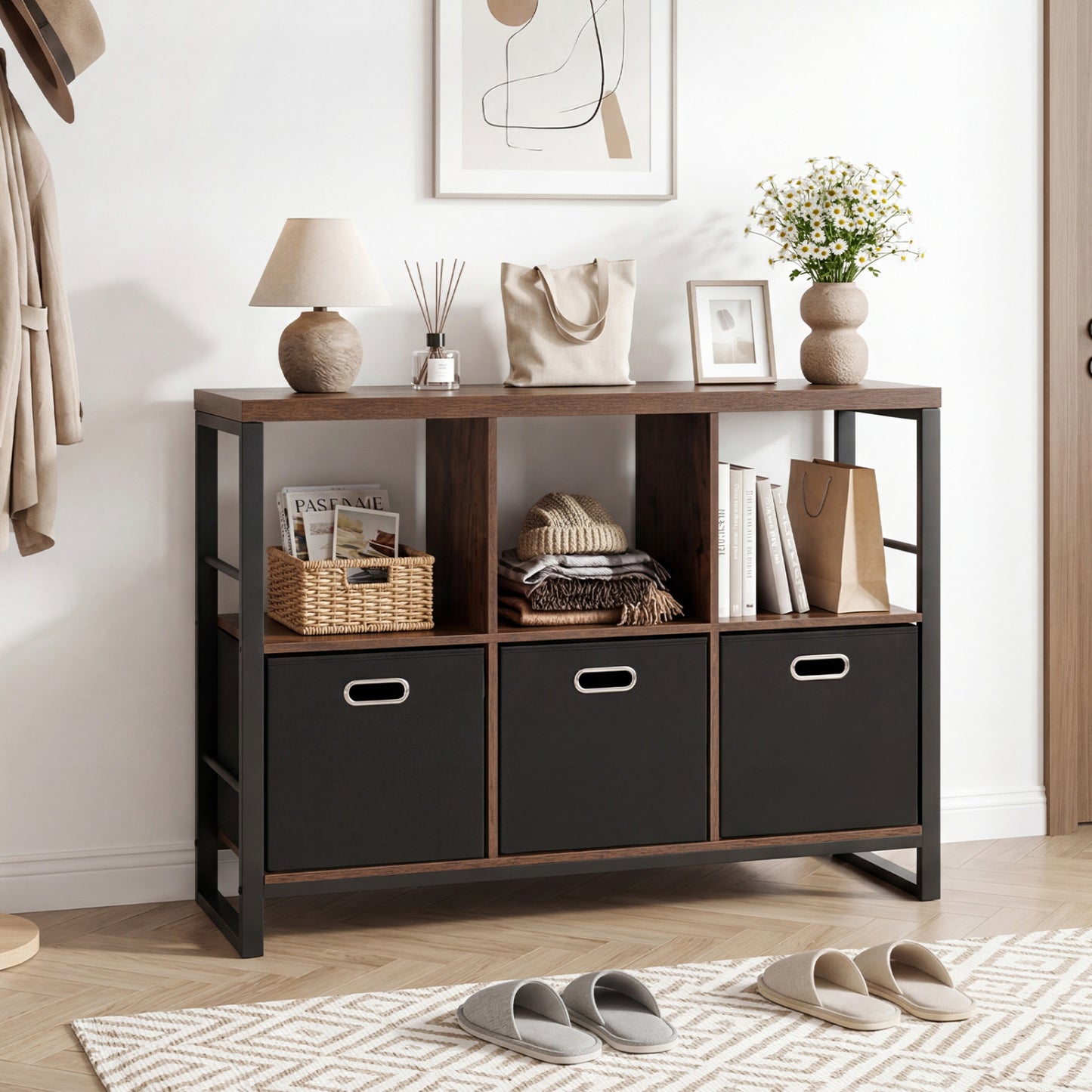 6-Cube Industrial Bookshelf with Storage Bins & Metal Frame