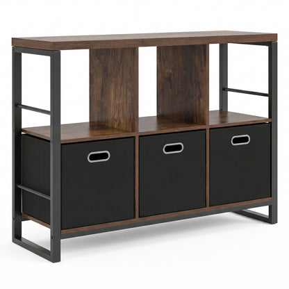 6-Cube Industrial Bookshelf with Storage Bins & Metal Frame