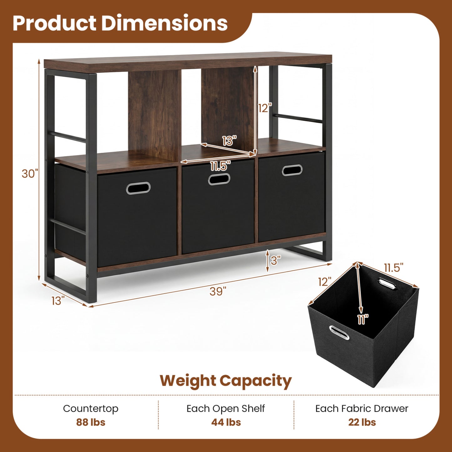 6-Cube Industrial Bookshelf with Storage Bins & Metal Frame