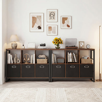6-Cube Industrial Bookshelf with Storage Bins & Metal Frame