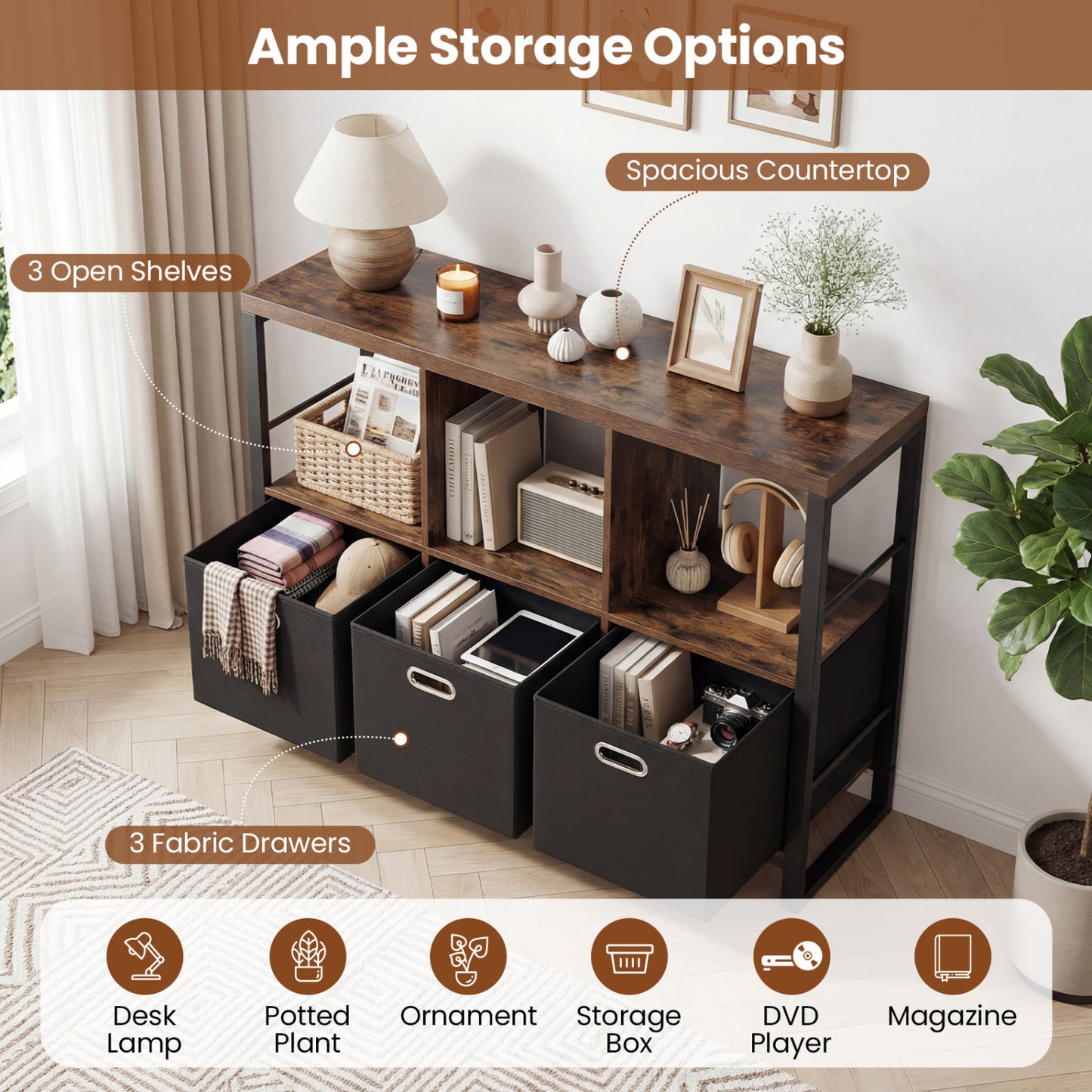 6-Cube Industrial Bookshelf with Storage Bins & Metal Frame