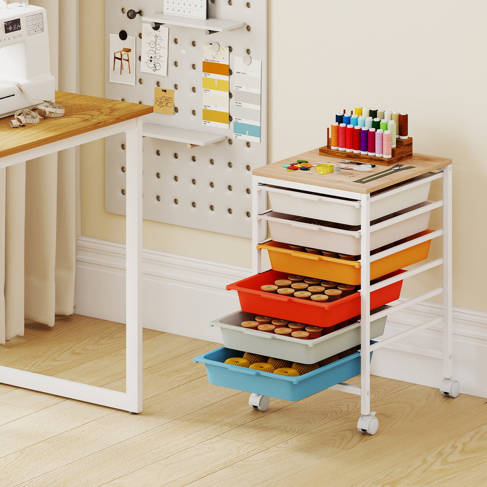 6-Drawer Rolling Storage Cart with Wooden Tabletop-Macaron
